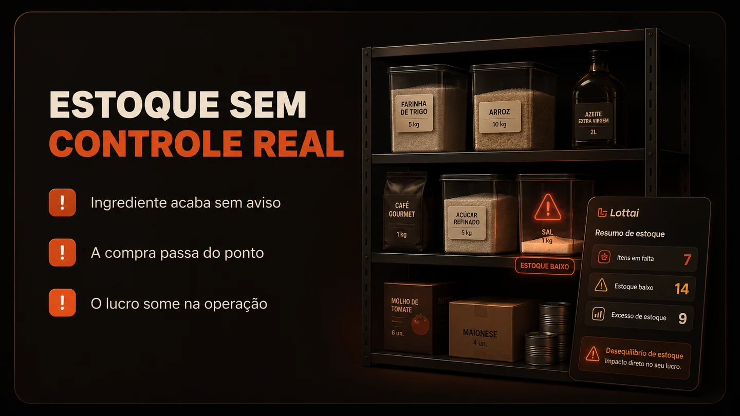 Estoque sem controle real: ingrediente acaba sem aviso, compra passa do ponto e o lucro some na operação.